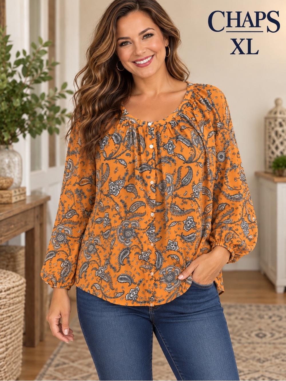 Chaps XL Orange Paisley Boho Peasant Blouse 100% Cotton Long Sleeve
